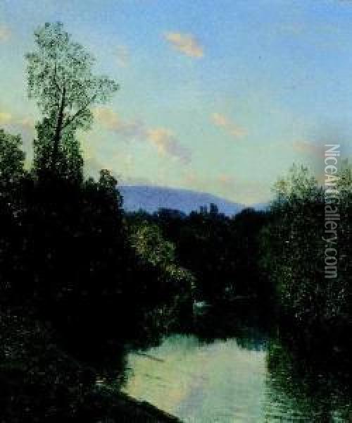 Le Vieux Rhone A Villeneuve. Oil Painting - Alfred Chavannes
