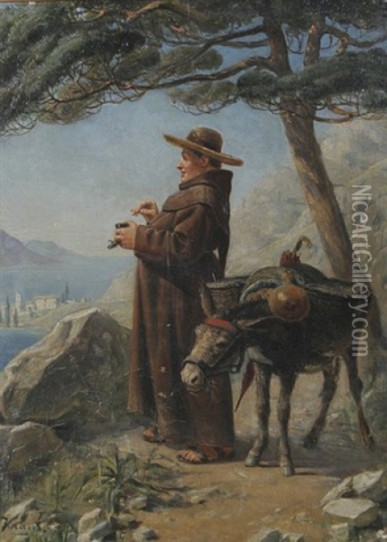 Monch Mit Esel Blickt Von Einer Anhohe Auf Das Meer Oil Painting - August Kraus