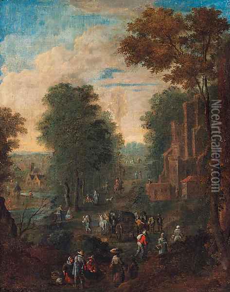 A wooded river landscape with travellers on a road by a ruined castle Oil Painting - Theobald Michau