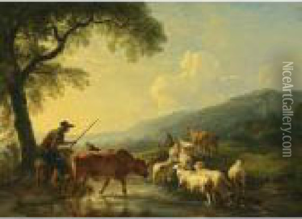 An Extensive Hilly Landscape 
With Shepherds And Their Herd Of Cows, Sheep, Goats And Donkeys Fording A
 Stream At Sunset Oil Painting - Balthasar Paul Ommeganck