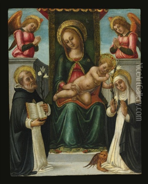 Madonna And Child Enthroned, With Two Dominican Saints And Two Angels Oil Painting - Jacopo Del Sellaio