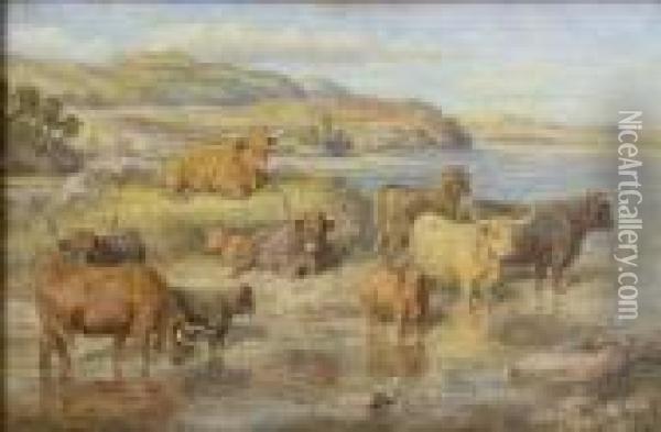 Highland Cattle On Loch Dochart Oil Painting - David George Steell