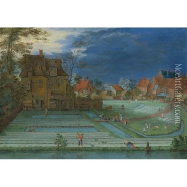 A Town With Figures Working In Bleaching Fields In The Foreground Oil Painting - Peter Gysels