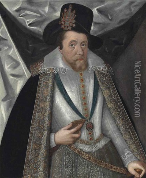 Portrait Of King James I Of England And Vi Of Scotland (1566-1625), Three-quarter-length, In A White Doublet With A Lace Collar, Jewelled Hose... Oil Painting - John Decritz the Elder
