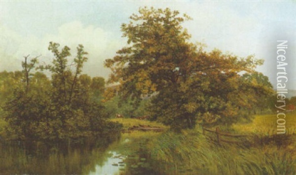 By The River Mole Dorking, Surrey Oil Painting - George Vicat Cole