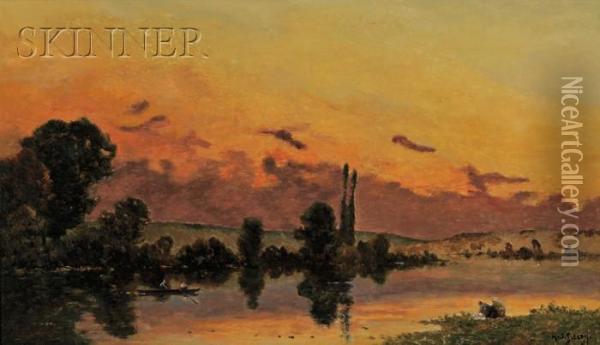 River Scene At Sunset Oil Painting - Hippolyte Camille Delpy