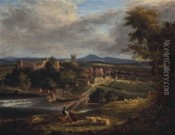 Shepherds Resting On A Hillside With A Riverside Town Beyond Oil Painting - George Vincent