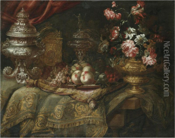An Elaborate Still Life With Peaches, Grapes, Flowers In A Bronzeurn, A Fine Silver Tureen, All Arranged On A Table Draped With Anembroidered Carpet And Cushion Oil Painting - Jacques Hupin