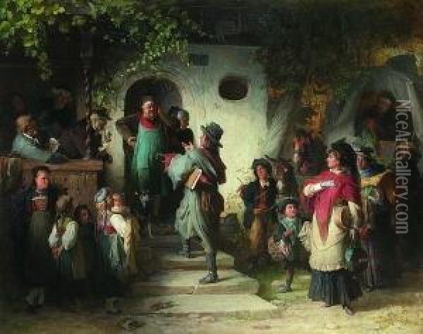Bedenkliche Ankunft Einer
 Wandernden Schauspielertruppe Vor Einem Dorfwirtshaus. Oil Painting - Theodor Pixis