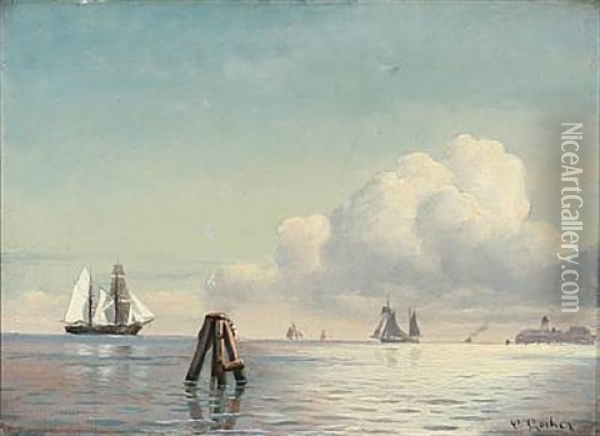 Seascape With Sailing Ships Near Trekroner Fortress, Copenhagen Oil Painting - Carl Ludvig Thilson Locher