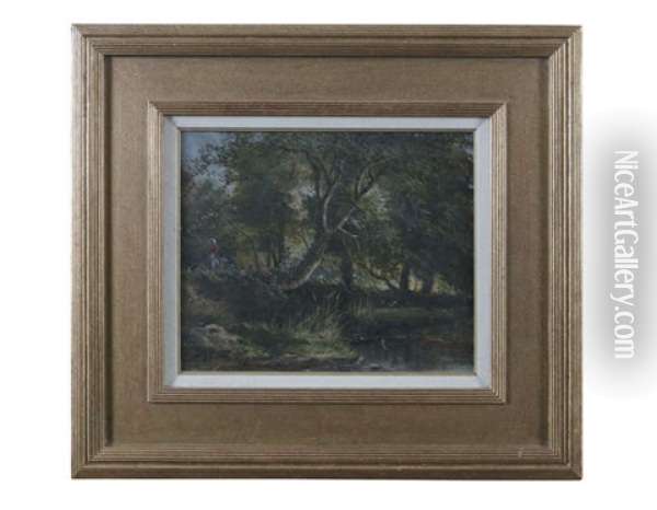 Wooded River Landscape With Lady Walking Oil Painting - Alfred Grey