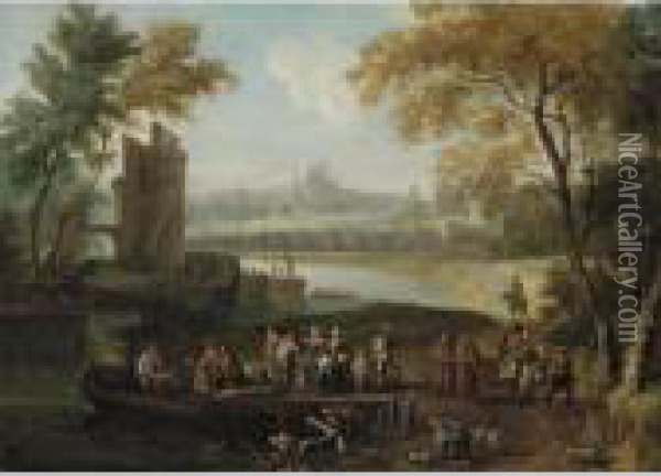 Landscape With Men Loading Cargo Onto A Ferry, Travellers And Monks Passing By Oil Painting - Peeter Bout