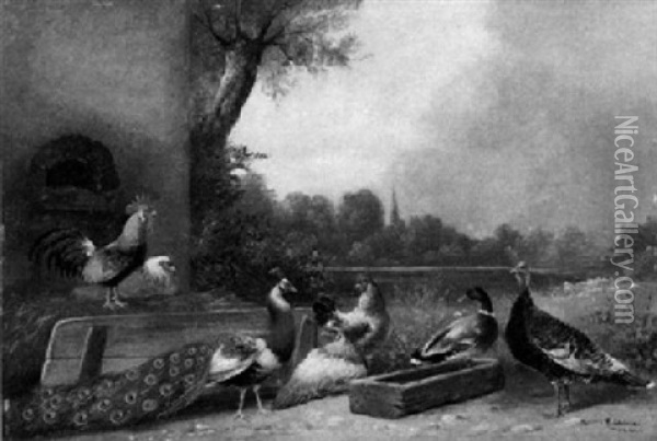 Federvieh Mit Huhnern, Pfau, Pute Und Ente Vor Stall An Einem Teich Oil Painting - Alfred Schoenian