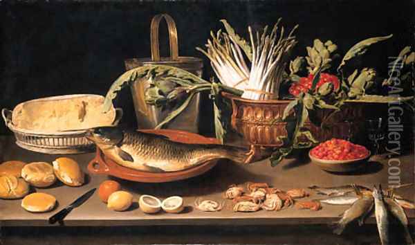 A fish on a terracotta platter with fruits, vegetables and a cheese Oil Painting - Jacob Fopsen van Es