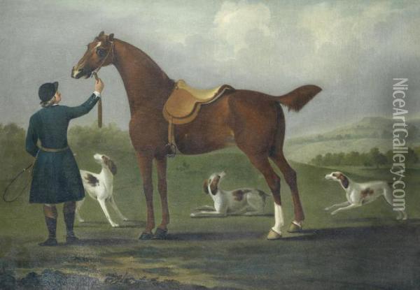 A Huntsman With His Horse And Three Hounds, In An Open Landscape Oil Painting - Richard Roper
