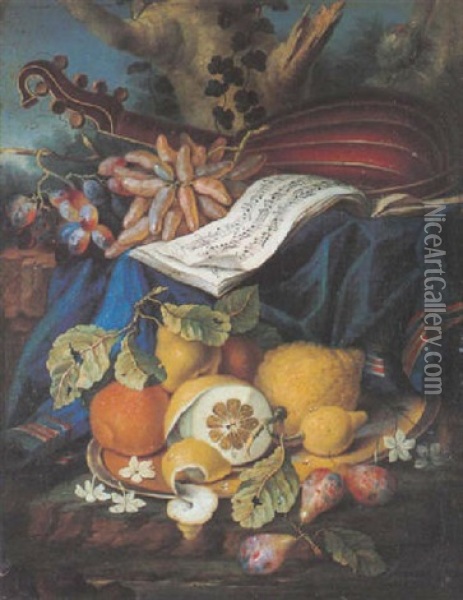 Nature Morte Aux Fruits Et Instruments De Musique Oil Painting - Cristoforo Munari