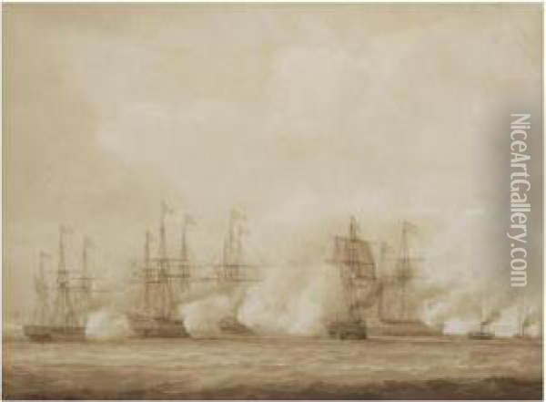 A Naval Action Between The Austrians And The Danes, Off Heligoland Oil Painting - John Christian Schetky