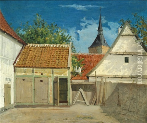 The Interior Of A Courtyard In Odense Oil Painting - Christen Kobke