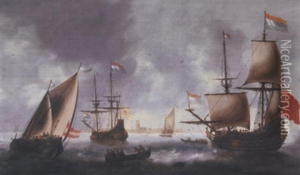 A Large Flute, A Boeier And Other Shipping Under Sail And At Anchor On The Merwede, Dordrecht In The Distance Oil Painting - Jacob Adriaenz. Bellevois
