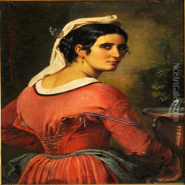 Young Italian Woman At A Small Fountain Oil Painting - Anna Maria Elisabeth Jerichau-Baumann
