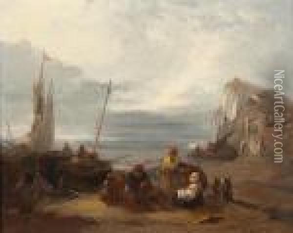 Figures And Boats On A Beach At Sunset Oil Painting - Henry Bright