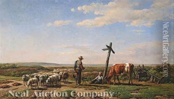 A Shepherd And A Cowherd At A Crossroads Oil Painting - Simon Van Den Berg