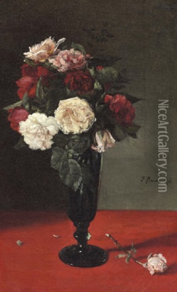 Roses In A Vase Oil Painting - Francois Bonvin