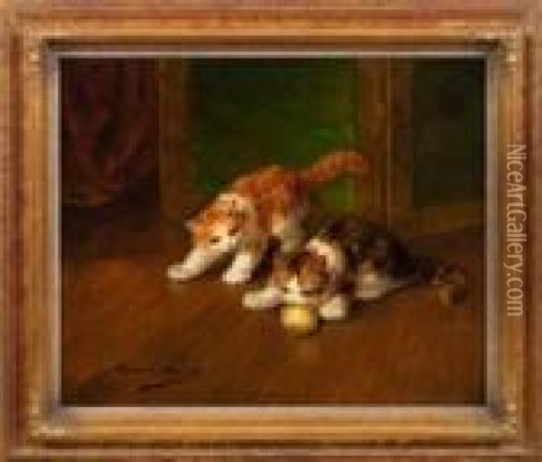 Zwei Spielende Junge Katzen Mit Wollknauel Oil Painting - Alphonse de Neuville