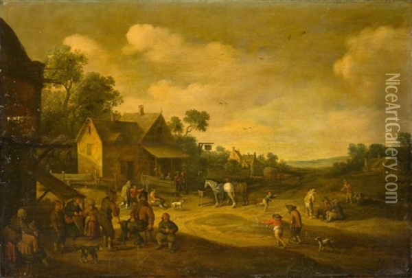 A Village Street With Horse Trough In Front Of The Tavern Oil Painting - Joost Cornelisz. Droochsloot