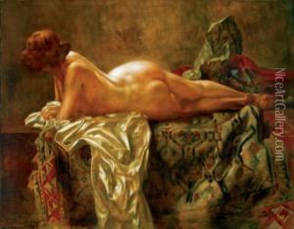 Lying Nude Oil Painting - Bertalan Karlovszky