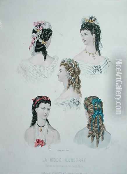 Hairstyles with ribbons, illustration from 'La Mode Illustree', 1872 Oil Painting - Anais Codouze