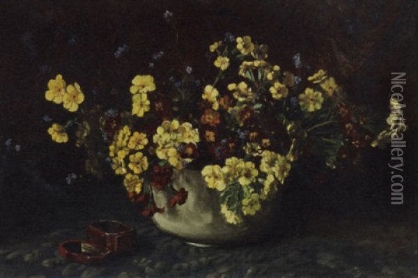 Forget-me-nots And Primulas In A Pot With A Lacquer Box Oil Painting - Willem Elisa Roelofs