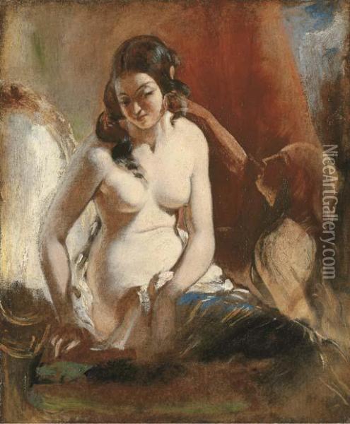 Study Of A Girl At Her Toilet 
(recto); And Study Of A King Seated, Attended By Two Girls (verso) Oil Painting - William Etty