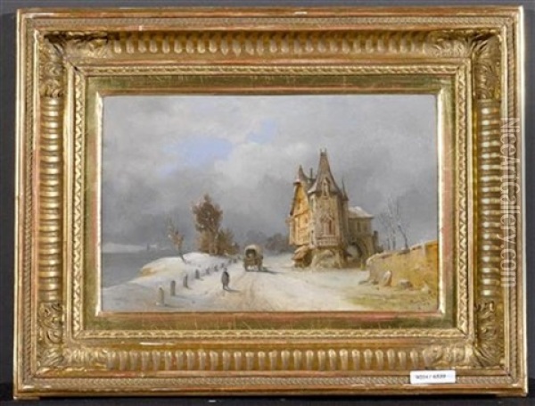 Winterlandschaft Mit Burgartigem Haus Und Fuhrwerk Oil Painting - Giuseppe Barison