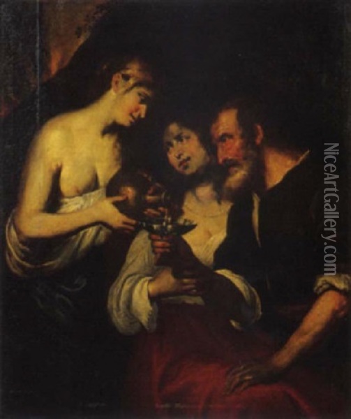 Abramo E I Tre Angeli Oil Painting - Domenico Fiasella