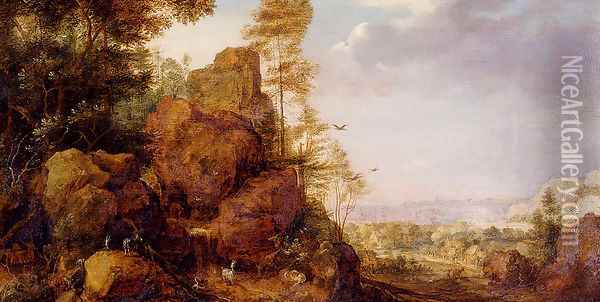 A Mountainous Lanscape With A Rocky Outcrop By The Edge Of A Wood, Goats And A Reindeer Resting By A Waterfall, A Village In An Extensive Landscape Beyond Oil Painting - Gillis Claesz. De Hondecoeter