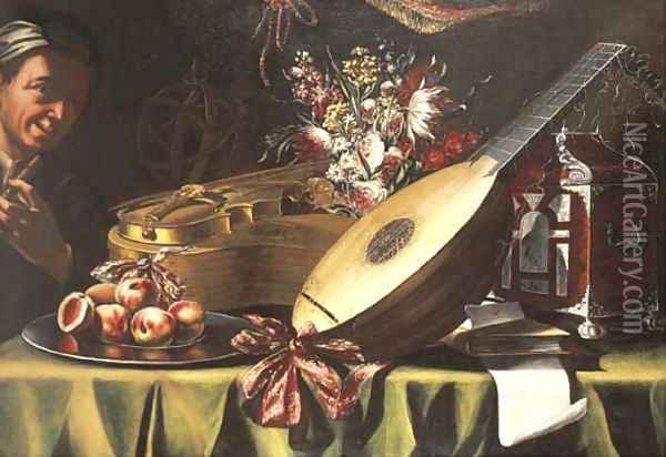 A lute, a violin and a guitar with flowers Oil Painting - Evaristo Baschenis