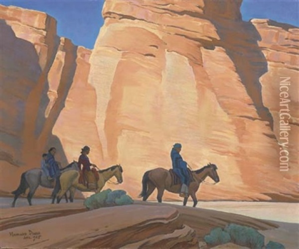 Navajos In A Canyon Oil Painting - Maynard Dixon