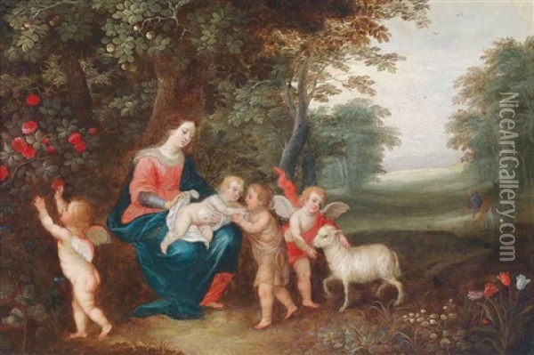 The Virgin And Child With The Infant Saint John The Baptist, Two Putti And A Lamb Oil Painting - Peeter Van Avont