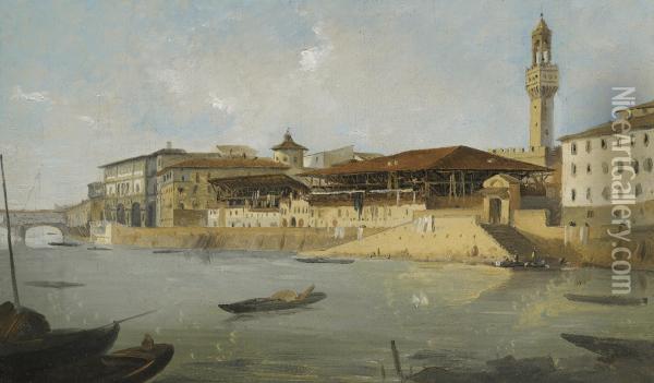 Florence, A View Of The Arno With The Tiratoio Delle Grazie Oil Painting - Ippolito Caffi