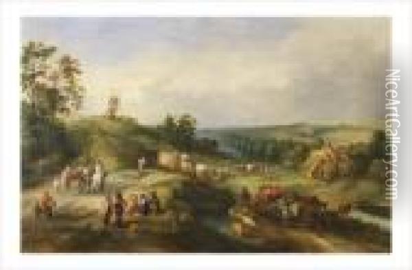 Carrioles De Paysans Pres D'un Village Et D'un Moulin Oil Painting - Theobald Michau