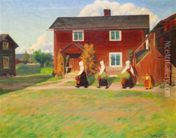 Gardstun Med Kullor Oil Painting - Gustaf Theodor Wallen