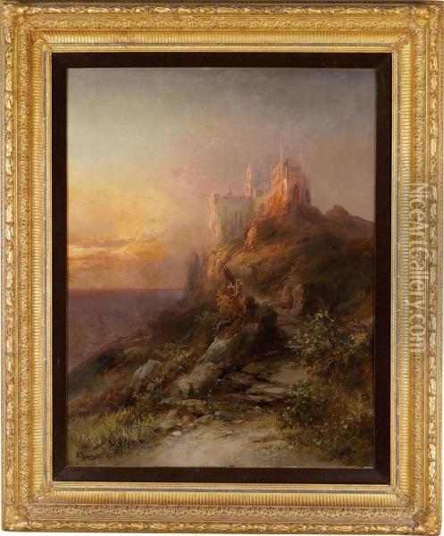 Castle Or Monastery Grounds On The Coast At Sunset Oil Painting - Franz Emil Krause