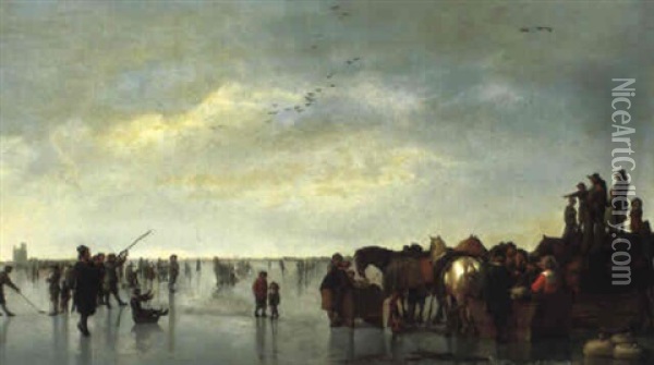 Patineurs Et Chasseurs Sur La Glace Devant La Ville De Dordrecht Oil Painting - Abraham Van Calraet