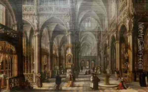 Interior Of A Gothic Cathedral With Figures Oil Painting - Hans Vredeman de Vries
