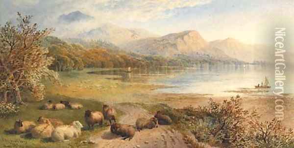 Sheep resting beside a Lake in a mountainous Landscape Oil Painting - Thomas Francis Wainewright