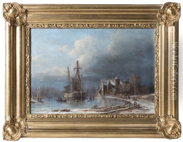 Segelfartyg I Vintrigt Landskap Med Renassansborg Och Figurer Oil Painting - Pehr Wilhelm Cedergren