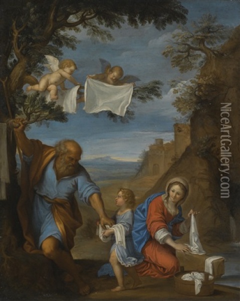 The Holy Family In A Landscape Oil Painting - Francesco Albani