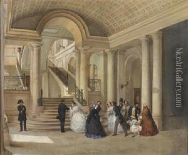 La Promenade Des Maries Au Musee Du Louvre Oil Painting - Charles van den Eycken