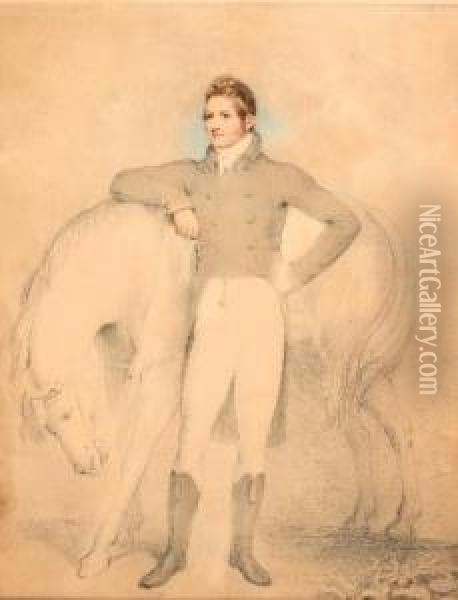 A Gentleman, In Hunting Costume Leaning Against His Horse Oil Painting - Adam Buck